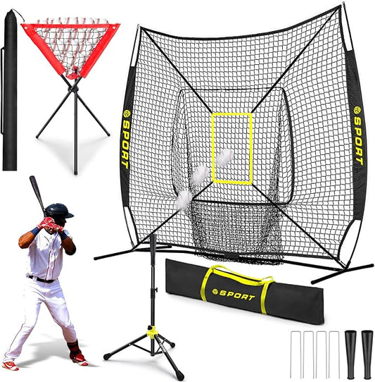 7'×7'Baseball Softball Practice Net-Batting Catching Pitching Training Equipment Set Portable Batting Tee Ball Holder Caddy-Baseball Softball Coach Pack.Great for All Skill Levels