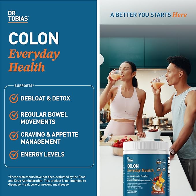 Dr. Tobias Colon Everyday Health - Gut Health for Women & Men - Psyllium Fiber Powder Drink with 4g Psyllium Husk Powder per Serving, Vegan, Gluten Free, Non-GMO, Fruit Punch, 60 Servings