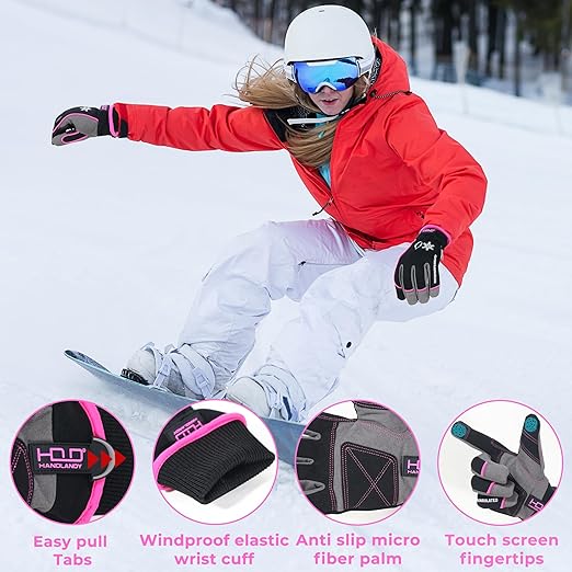 HANDLANDY Waterproof Insulated Work Gloves, 3M Thinsulate Thermal Winter Gloves for Men Women Touch Screen, Warm Ski Snowboard Cold Weather Gloves (Large, Pink)