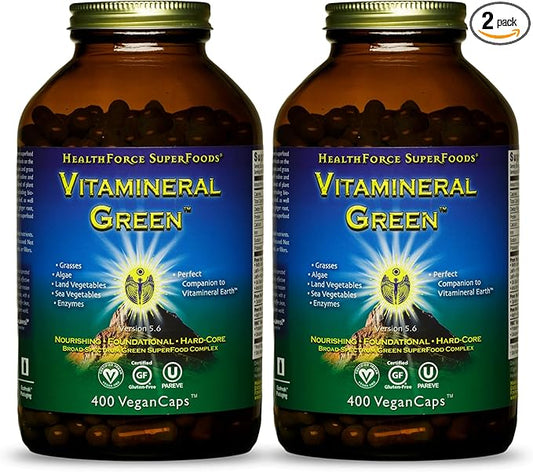 HEALTHFORCE SUPERFOODS Vitamineral Green - Mineral Supplement for Immune & Thyroid Support - Green Powder Supplement with Ingredients from The Land - Gluten-Free & Vegan - 400 Capsules (Pack of 2)