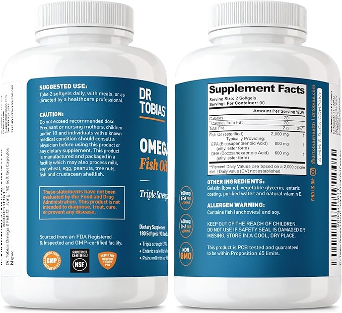 Dr. Tobias Omega 3 Fish Oil, 2000mg Triple Strength with 800mg EPA 600mg DHA Per Serving, Fish Oil Omega 3 Supplements for Heart, Brain & Immune Support, 180 Softgels, 90 Servings