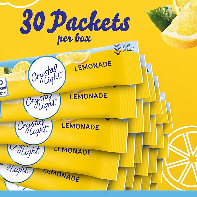 Crystal Light Lemonade Naturally Flavored with other natural flavor Powdered Drink Mix, 120 ct Pack, 4 Boxes of 30 On-the-Go-Packets