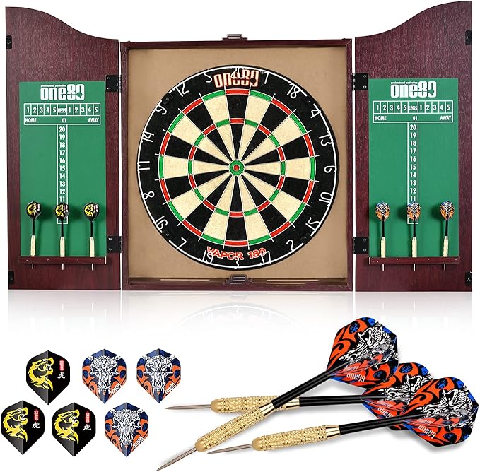 All-in-One Dartgame Center with Self-Healing Sisal/Double-Sided Dartboard & Multifunctional Cabinet 6 Steeltip Darts and Mounting Kit Included