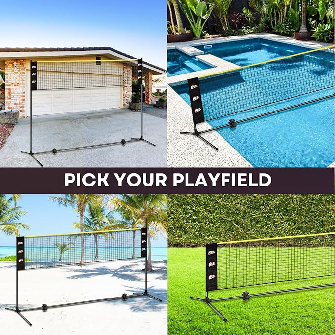 Complete Badminton Sets (10FT/17FT) Adjustable Width, Adjustable Height (2.8/5.1/7.4FT), Badminton Pickleball Volleyball Set with Net, 4Racket+4Paddels+Volleyball for Outdoor Family Game.