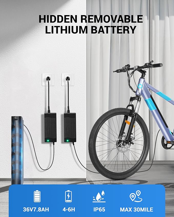 Electric Bike for Adults,36V Built-in Invisible Removable Battery,350W Brushless Motor(Peak 450W) Electric Mountain Bike,26" Tires&Front Fork Suspension,UL Certified 7-Speed