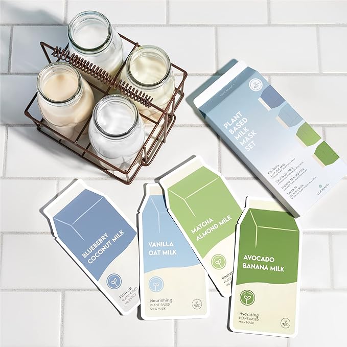 ESW Beauty Plant-Based Milk Face Masks - 8-Pack Variety Set - Hydrating, Radiance, Firming & Soothing with Avocado, Matcha, Blueberry, Vanilla & Oat Extracts for All Skin Types