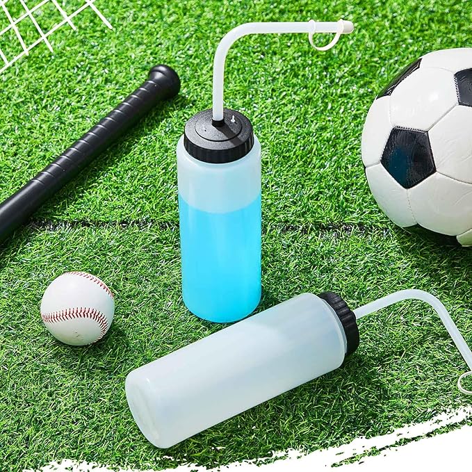 Domensi 2 Pack 1 Liter Sports Water Bottle with Long Straw Hockey Lacrosse 34 Oz Water Bottle Easy Squeeze Plastic Use with Sport Helmet in Football Baseball(Translucent,No Printed)