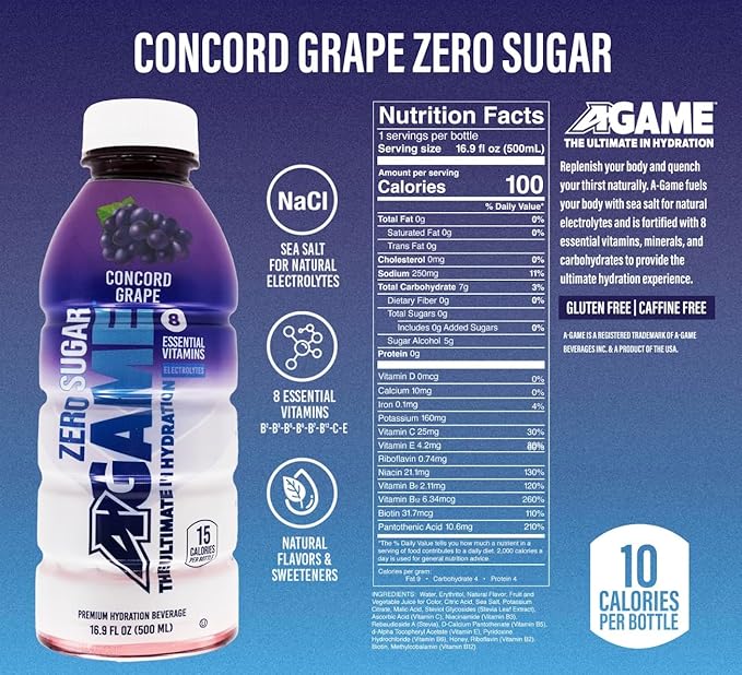 A-GAME Zero Sugar Sports Drink, Concord Grape Zero, Sugar FreNatural Flavors, Gluten Free & Keto Friendly, 16.9 Fl Oz (Pack of 12)