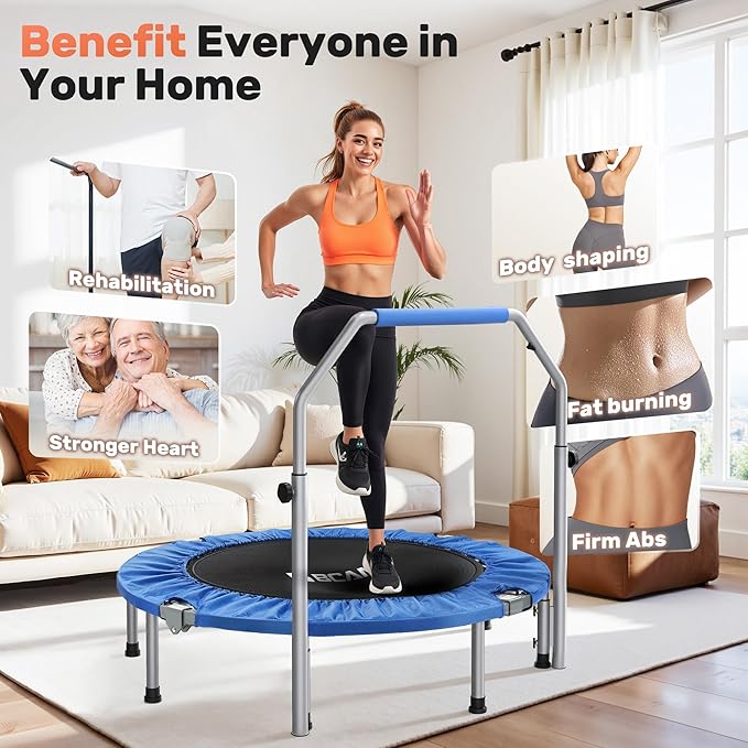 BCAN 40/48" Foldable Mini Trampoline Max Load 330lbs/440lbs, Fitness Rebounder with Adjustable Foam Handle, Exercise Trampoline for Adults Indoor/Garden Workout