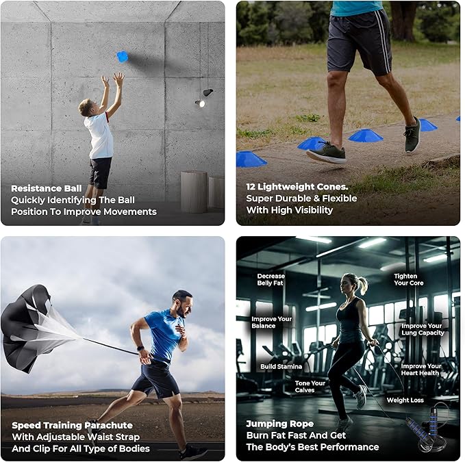 Agility Ladder Speed Training Equipment Set-2x 20ft Agility Ladder,12 Soccer Cones,4 Adjustable Hurdles, Jump Rope, Running Parachute| Basketball Football Soccer Training Equipment for Kids Adults