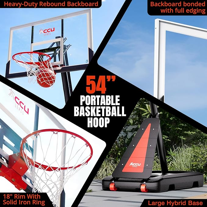 Crank Lift Basketball Hoop Outdoor 7.5-10ft Adjustable Portable Basketball Goal for Youth and Adults 44" 50" and 54" Patented Angle Adjustable PC Backboard and Large Fillable Base