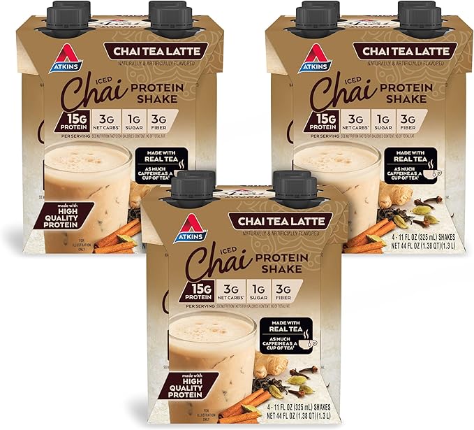 Atkins Chai Tea Latte Protein Shake with 15g Protein, 3g Net Carbs, 1g Sugar and Atkins Chocolate Chip Protein Cookie with 10g Protein, 3g Net Carbs, 1g Sugar, Keto Friendly, 4 Count