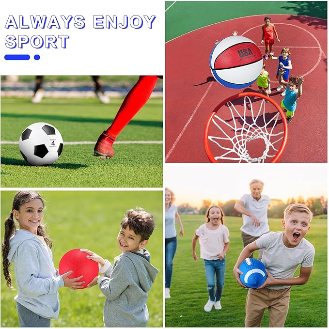 Deekin 4 Pcs Sport Balls Set for Kids Teens, Include Official Size 5 Basketball 4 Soccer 6 Football Playground Ball and Pump Sports Equipment Bag Recess Equipment Sport for Students(Bright Color)