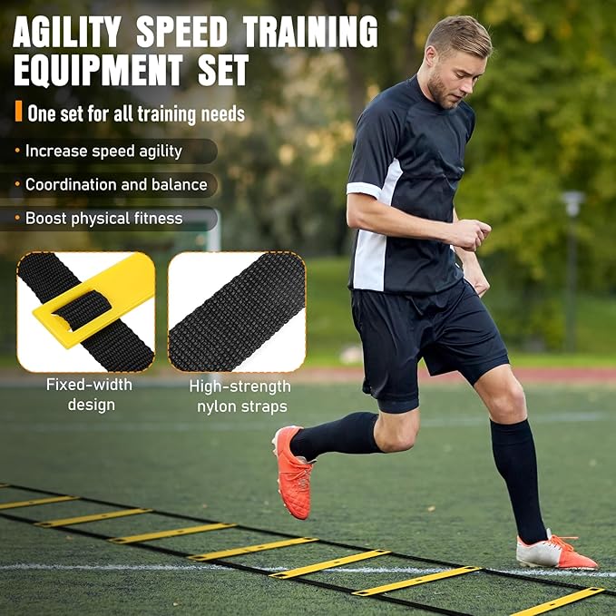 Agility Ladder, Speed Training Equipment Set, 20ft Agility Ladder, 12 Soccer Cones, 4 Hurdles, Jump Rope, Running Parachute, Basketball Football Soccer Training Equipment for Kids, Youth, Adults