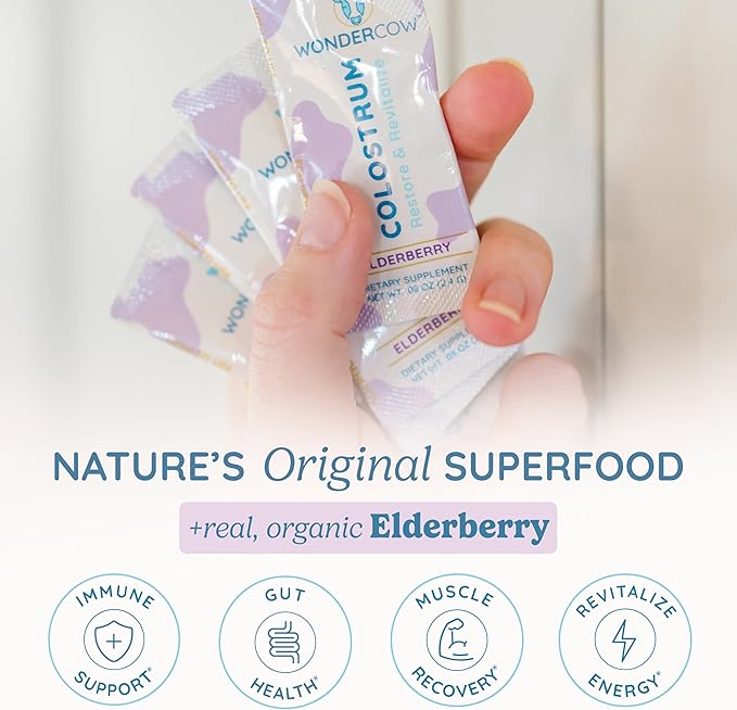 Colostrum Supplement Powder for Gut Health, Immune Support, Muscle Recovery & Wellness | Natural IgG Pure Whole Bovine Colostrum Superfood, Elderberry, 30 Servings