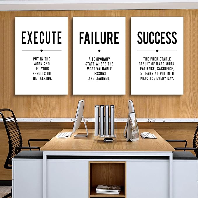Framed Canvas Wall Art Success Quote, Office Wall Art, Black Large Poster, Positive Motivational Set of 3 Prints, Execute Failure Definition, Inspirational Print (D-3pcs,20x30inchx3pcs)