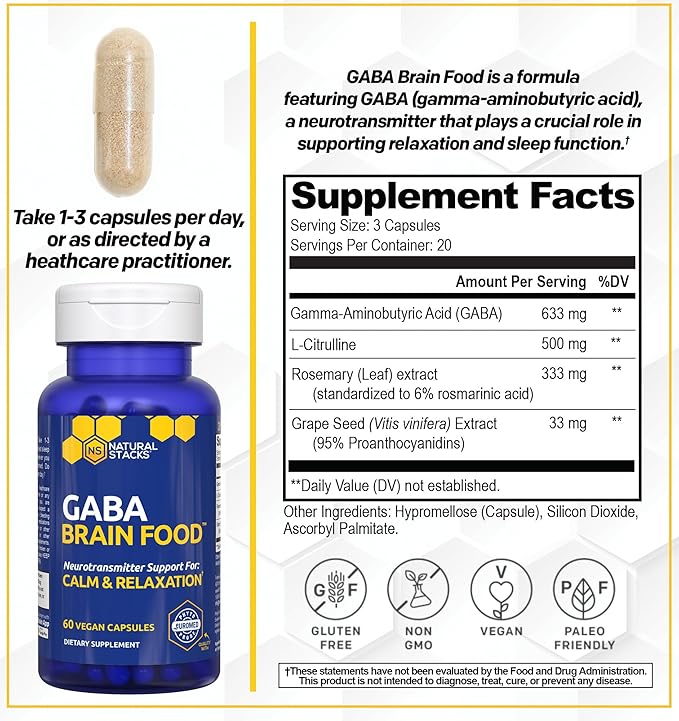 GABA Brain Food - GABA Supplement with L-Citrulline & Grape Seed Extract - Supports Calm & Relaxation - Nighttime Sleep Aid - Supports Production of Gamma Aminobutyric Acid - 60 L-Citrulline Capsules
