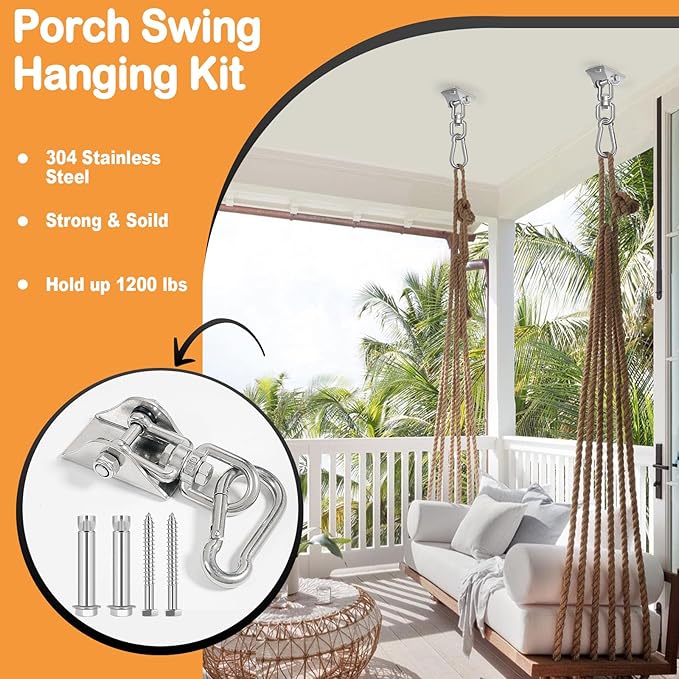 Hammock Hanging Kit, Porch Swing Hanging Kit 1200 Lb Capacity, Hammock Ceiling Hooks Heavy Duty 360°Rotating Hanging Swing Chair Hardware for Hammock Chair Stand, Porch, Yoga, Gym, Silver