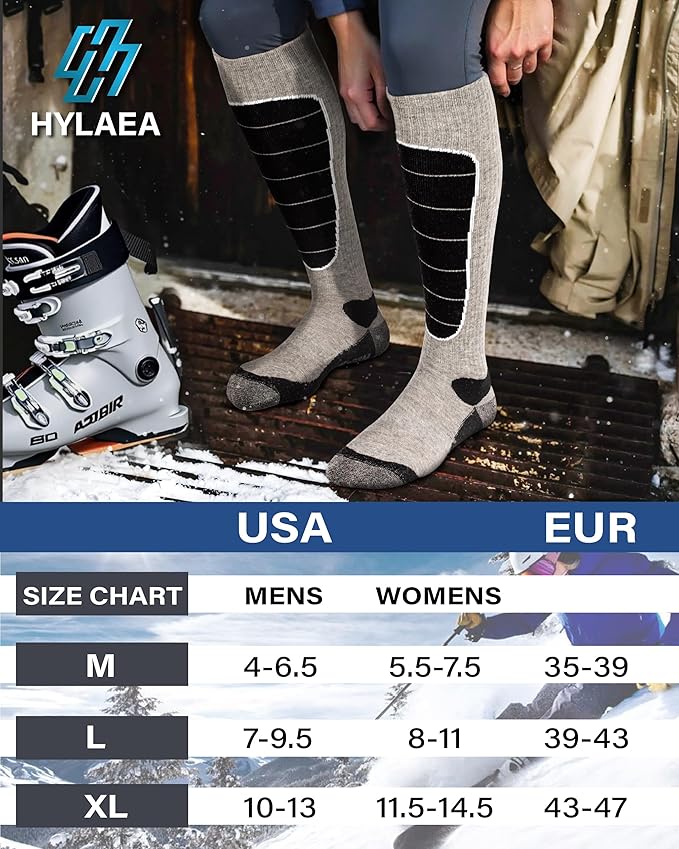 Hylaea Merino Wool Ski Socks, Cold Weather Socks for Snowboarding, Snow, Winter, Thermal Knee-high Warm Socks, Hunting