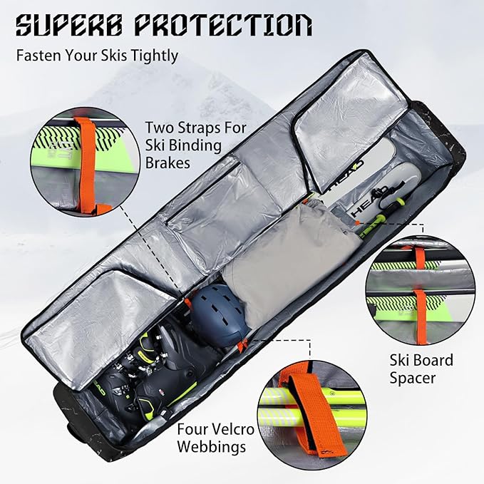 Goloni Ski Bag with Wheels,Padded Snowboard Bag for Air Travel,600D Waterproof Fabric,Foldable Snow Bag Fits 2 Pairs Skis