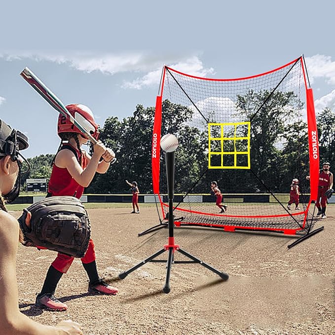7x7 ft Baseball Net, Pitching & Batting Net with Batting Tee, Designed with Large Ball Collection System, 2 Strike Zones, Carry Bag, Baseball Softball Net for Batting Pitching Hitting and Throwing