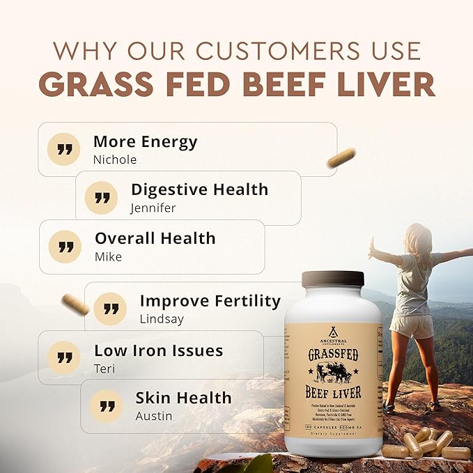 Ancestral Supplements Grass Fed Beef Liver 180 Capsules, Supports Energy Production, Detoxification, Digestion, Immunity and Full Body Wellness, Non-GMO, Freeze Dried Liver Health Supplement