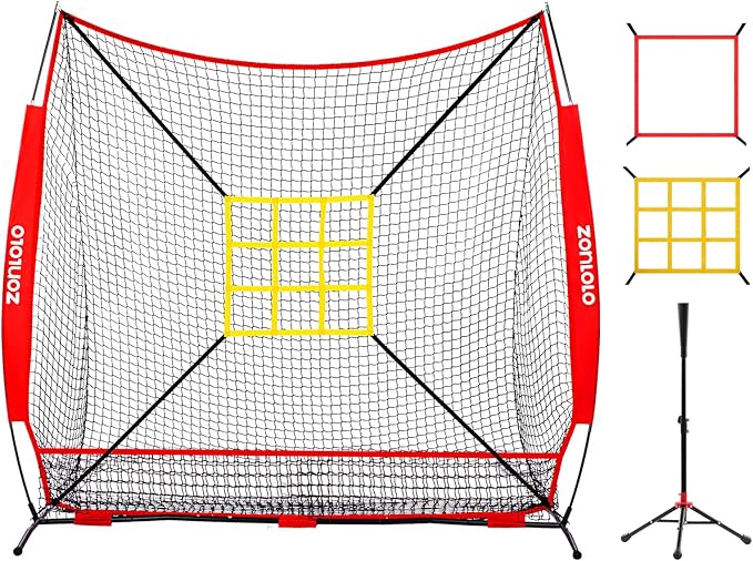 7x7 ft Baseball Net, Pitching & Batting Net with Batting Tee, Designed with Large Ball Collection System, 2 Strike Zones, Carry Bag, Baseball Softball Net for Batting Pitching Hitting and Throwing