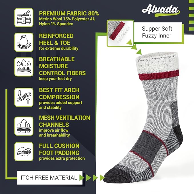 Alvada Merino Wool Hiking Socks Thermal Warm Crew Winter Boot Sock For Men & Women 3 Pairs
