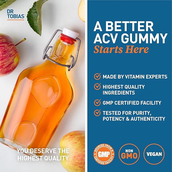 Dr. Tobias Apple Cider Vinegar Gummies, Includes 500 mg Apple Cider Vinegar with Mother, Folate, B12 & Iodine, Supports Gut Health, Cleanse & Detox, Vegan, Gluten-Free, 60 Gummies