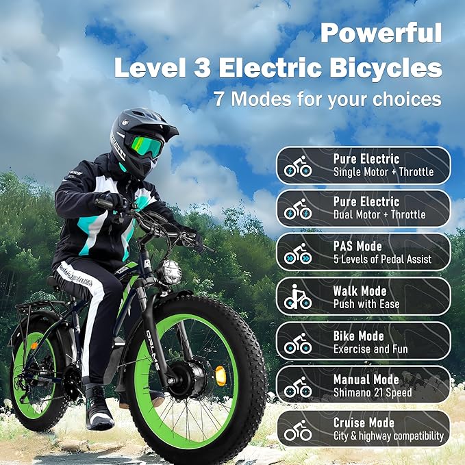 Electric Dirt Bike, 5000W Peak Dual Motor EBike for Adults, 60V 25AH Battery Electric Bike with 40-50MPH Mountain AWD 21-Speed Snow, 26" x 4.0 Fat Tire, Long Range Off-Road