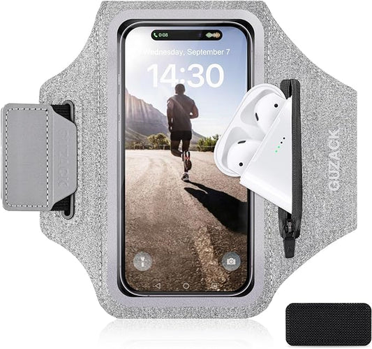 GUZACK Running Armband Case for iPhone 16/15/14/13/12/11 Pro Max, Galaxy S25/S24/S23/S22, Universal Cell Phone Arm Holder with Key Pocket & Card Slot, Gray