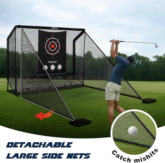 Golf Cage Practice Hitting Net,10x7ft Heavy Steel Frame with 2 Net Side Barriers,for Backyard Driving Chipping Swing Training, Home Range for Indoor& Outdoor.
