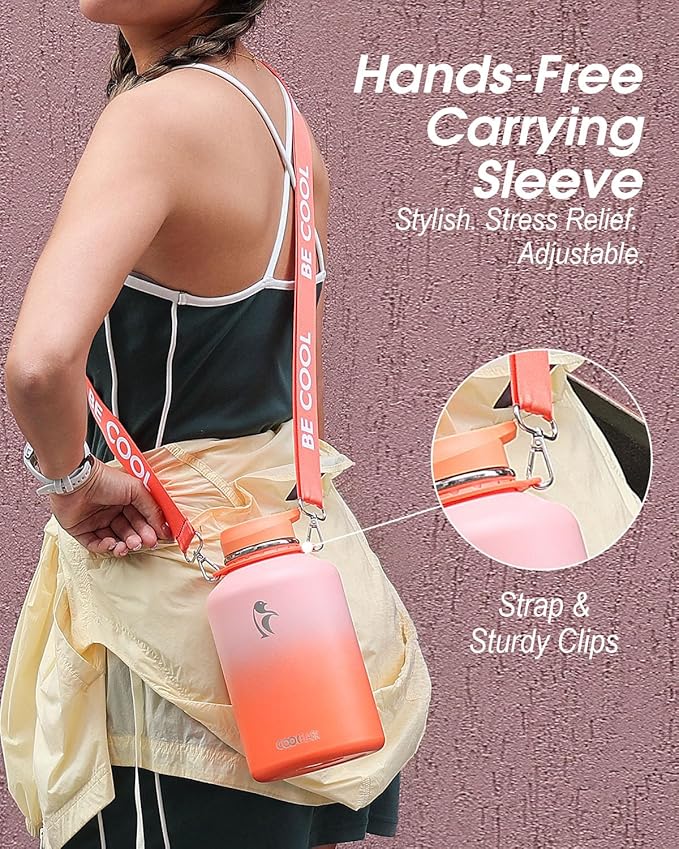 Coolflask 64 oz Water Bottle with Straw, Half Gallon Insulated Large Water Jug with Straw & Spout Lids, Double Wall Stainless Steel Metal Flask, Keep Cold 48h Hot 24h, Sunny Orange