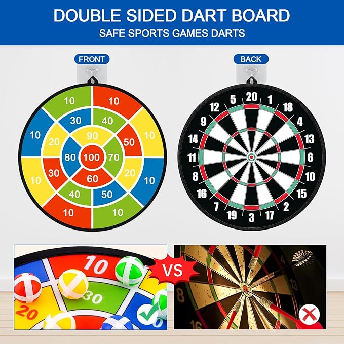 Dart Board for Kids, Darts Set Double-Sided Dart Board with Sticky Balls and Darts, Indoor Outdoor Sport Fun Party Play Parent-Child Activity Game Toys, Gifts for Boys and Girls Aged 3 to 12 Years