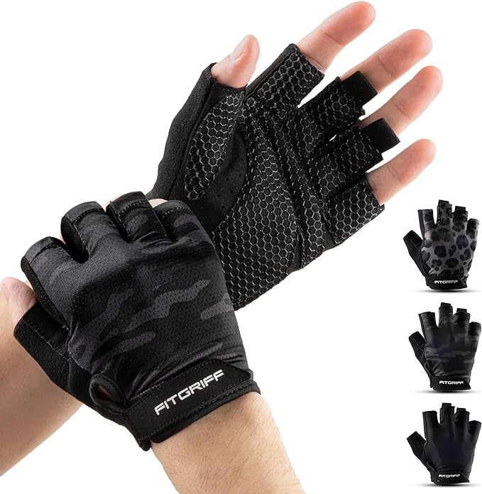 Fitgriff® Workout Gloves (Padded) for Men & Women - Fingerless Gym Gloves for Weight Lifting, Training - Full Palm Protection