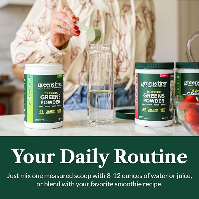 Greens First Original Greens Powder - 49 Superfoods - Organic Fruits & Veggies - Prebiotics, Probiotics & Digestive Enzymes - Antioxidant Smoothie - Dairy Free/Vegan/Non-GMO (Peach Mango, 60 Servings)