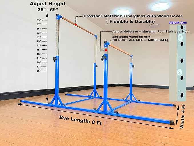 Gymnastics Double Horizontal Bars 3Play Parallel Bars Uneven Bars Gymnastics Training Kip Bar with 304 Stainless Steel Regulating Arms & Fiberglass Rail for Indoor Outdoor Home Club Use