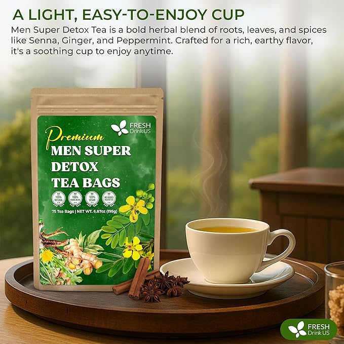 FreshDrinkUS, Premium 135 Tea Bags Men Super Detox Tea – Herbal Blend with Senna, Dandelion Root, Ginger, Peppermint & More – 100% Natural, Sugar-Free. Caffeine-Free. Gluten-Free. Vegan