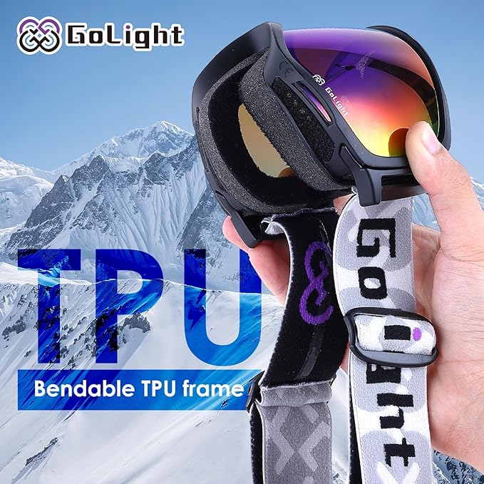 GoLight OTG Anti-Fog Ski Goggles for Men Women ??Spherical REVO Lens, UV400, Breathable TPU Frame, Adjustable Non-Slip Strap