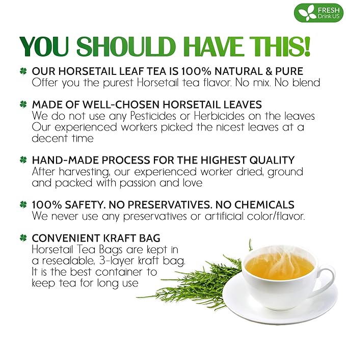 FreshDrinkUS, Premium 15 Horsetail Leaf Tea Bags, 100% Natural & Pure from Horsetail Loose Leaves Herbal Tea. Made with Natural Material Tea Bags. No Sugar, No Caffeine, No Gluten, Vegan.