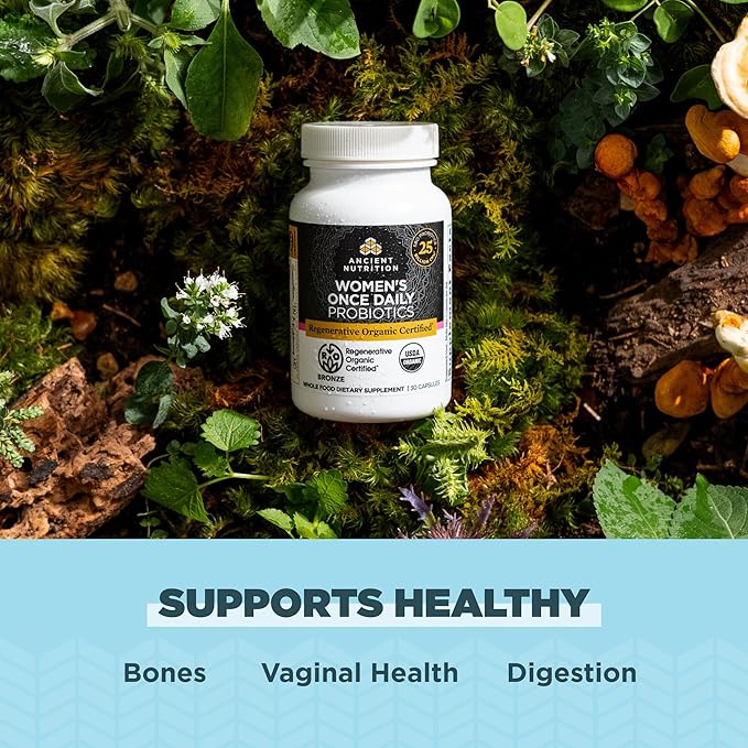 Ancient Nutrition Regenerative Organic Certified Probiotics for Women, Probiotics Women’s Once Daily, for Healthy Digestion and Immune System Function Support, 25 Billion CFUs* Per Serving, 30 Count