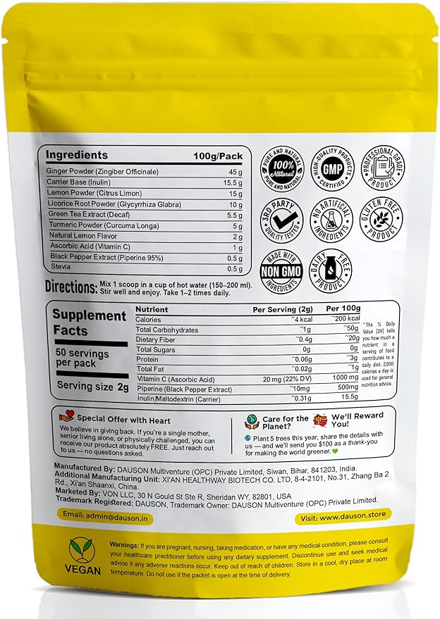 Ginger Tea Mix – 50 Servings | Instant Powder with Lemon, Turmeric, Licorice & Vitamin C | Caffeine-Free Herbal Blend with Green Tea Extract & Black Pepper | Natural Detox & Immune Support