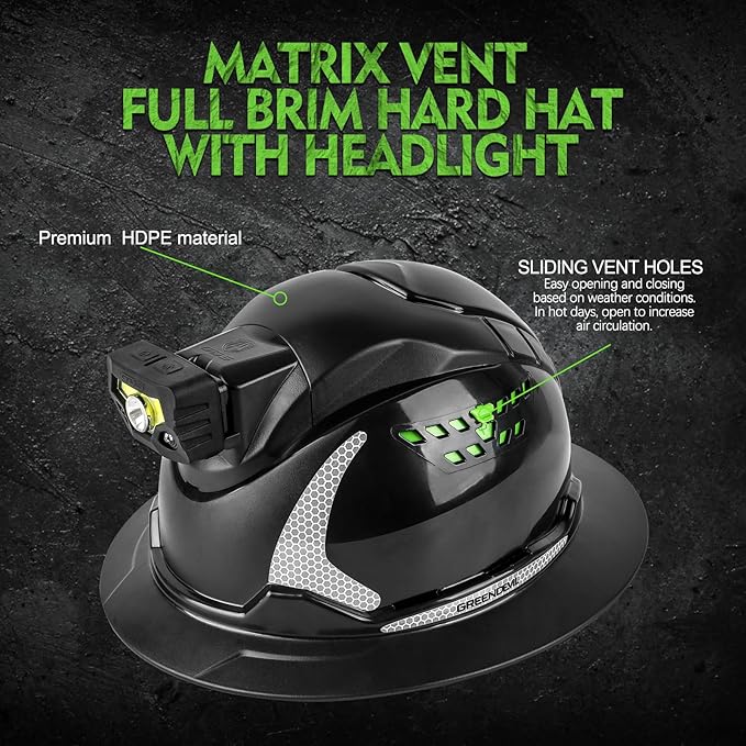 GREEN DEVIL Matrix Full Brim Hard Hat with Headlight Vented Construction Safety Helmet OSHA Approved Cascos De Construccion Work Hardhat for Men&Women
