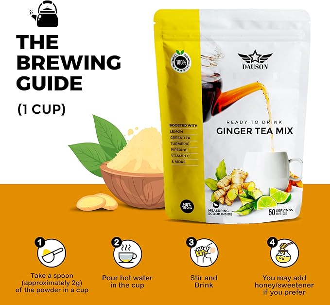 Ginger Tea Mix – 50 Servings | Instant Powder with Lemon, Turmeric, Licorice & Vitamin C | Caffeine-Free Herbal Blend with Green Tea Extract & Black Pepper | Natural Detox & Immune Support