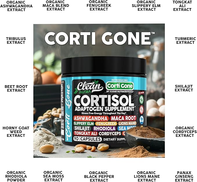 Corti Gone Cortisol Supplements For Women | Maca Root Ashwagandha Cortisol Detox Manager Reducer + Slippery Elm Fenugreek Lions Mane Shilajit Rhodiola Sea Moss Tongkat Ali Cordyceps Ginseng Beet Root