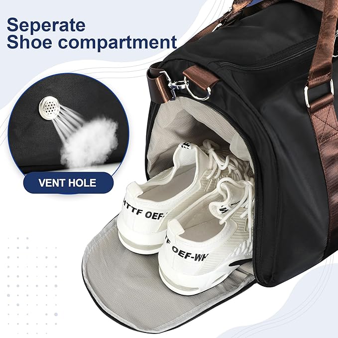 FIORETTO Womens Gym Tote Duffle Bag with Toiletry Bag, Sports Duffel Overnight Hospital Workout Carry on Bag for Girls with Wet Pocket & Shoe Compartment, Ideal for Travel, Swimming, Black & Brown