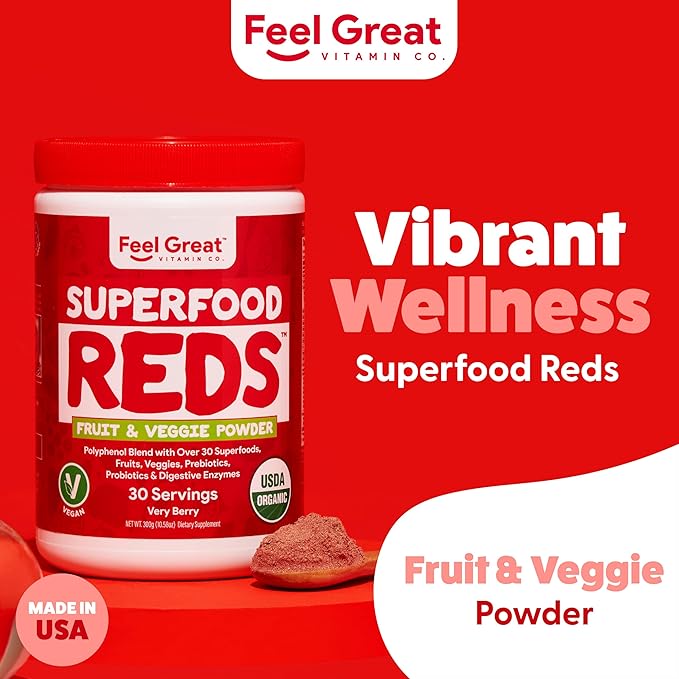 Feel Great Organic Superfood Reds Powder Packed with Beet Root Powder | Digestive Support Including Bloating Relief | Fruit and Veggie Polyphenols Supplement.
