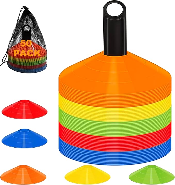 Disc Cones for Sports Training, 25/50 Pack Agility Soccer Cones with Carry Bag and Holder, Soccer, Football, Basketball, Coaching, Practice Equipment, 5 Color