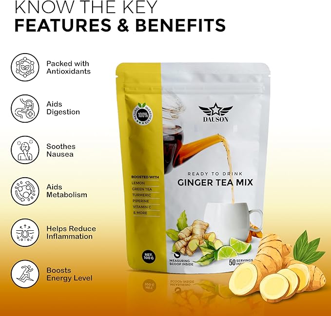 Ginger Tea Mix – 50 Servings | Instant Powder with Lemon, Turmeric, Licorice & Vitamin C | Caffeine-Free Herbal Blend with Green Tea Extract & Black Pepper | Natural Detox & Immune Support