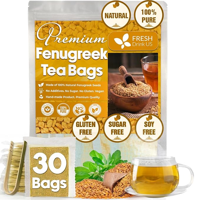 FreshDrinkUS, Premium 30 Fenugreek Tea Bags, 100% Natural & Pure from Fenugreek. Fenugreek Herbal Tea. Made with Natural Material Tea Bags. No Sugar, No Caffeine, No Gluten, Vegan.